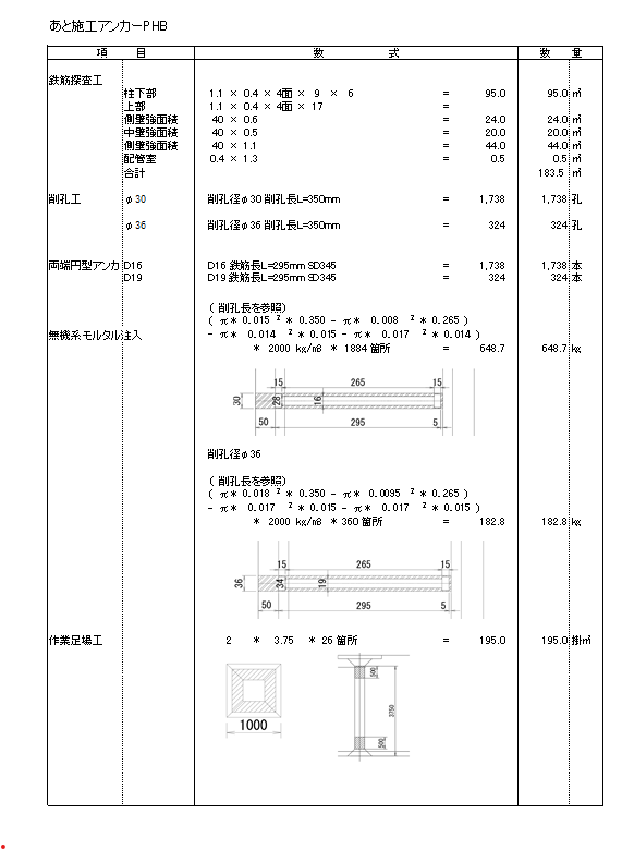 数量計算書（あと施工アンカー）